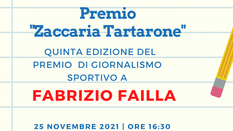 Salerno: a giornalista Fabrizio Failla, caporedattore Rai, Premio giornalismo sportivo “Zaccaria Tartarone”
