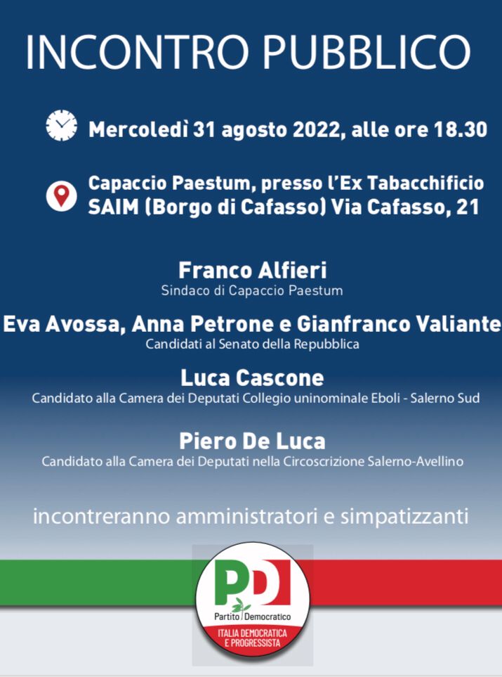 Capaccio Paestum: elezioni Politiche, PD, incontro pubblico con candidati