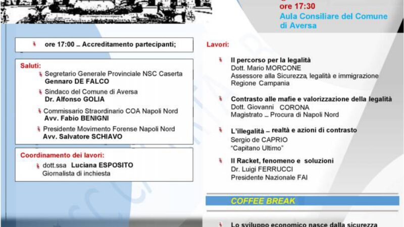 Aversa: NSC, convegno-dibattito su “Sicurezza, sviluppo e legalità”