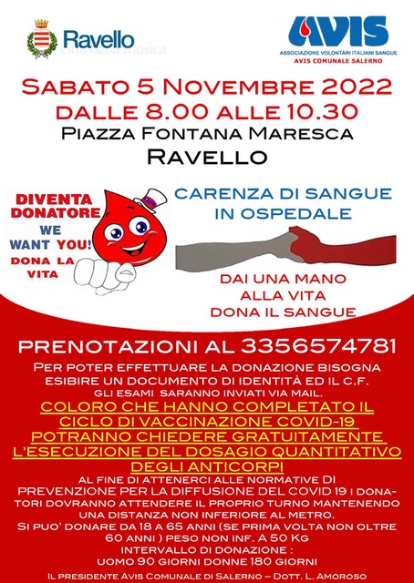 Ravello: giornata per donazione sangue 