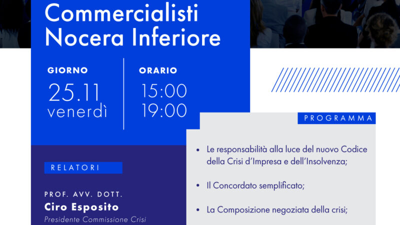 Nocera Inferiore: Mare Consulting-Odcec, seminario su nuovo Codice crisi d’impresa e insolvenza