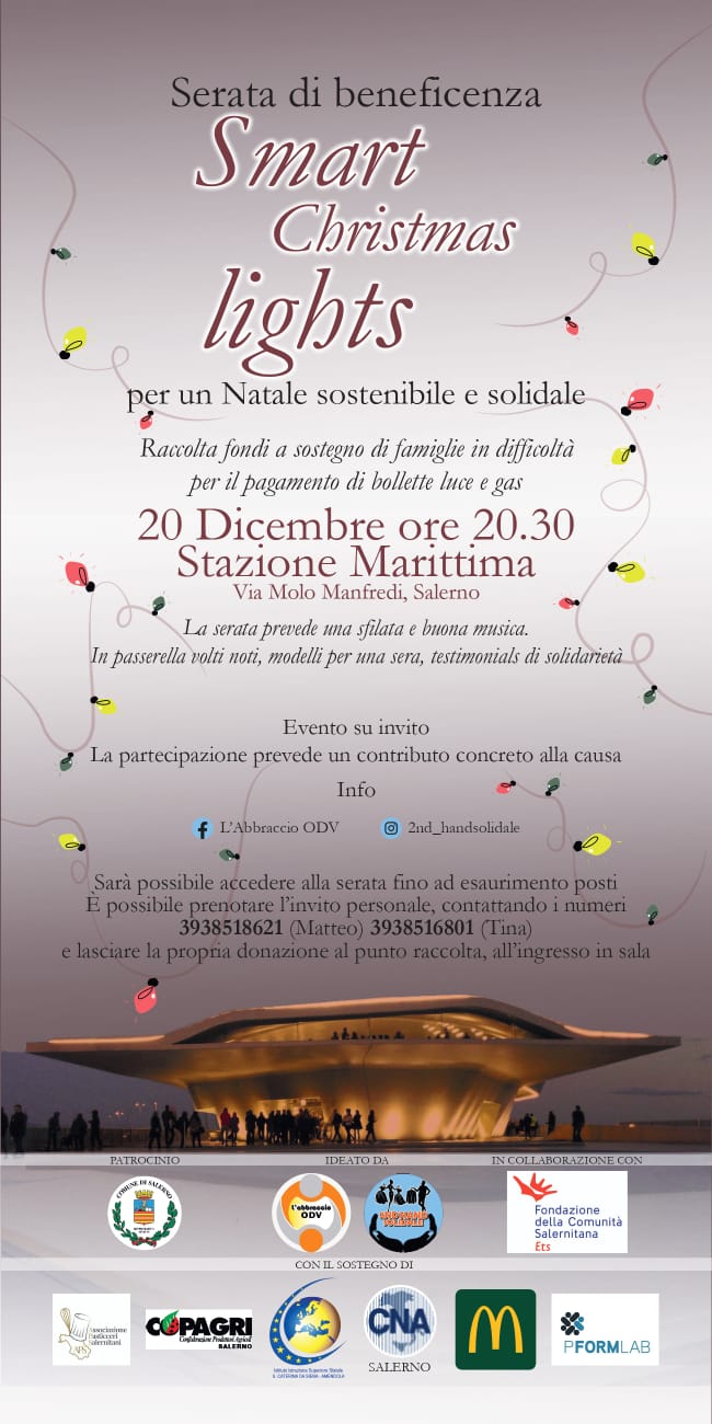 Salerno: L’Abbraccio, serata di beneficenza Smart Christmas Lights per Natale sostenibile e solidale