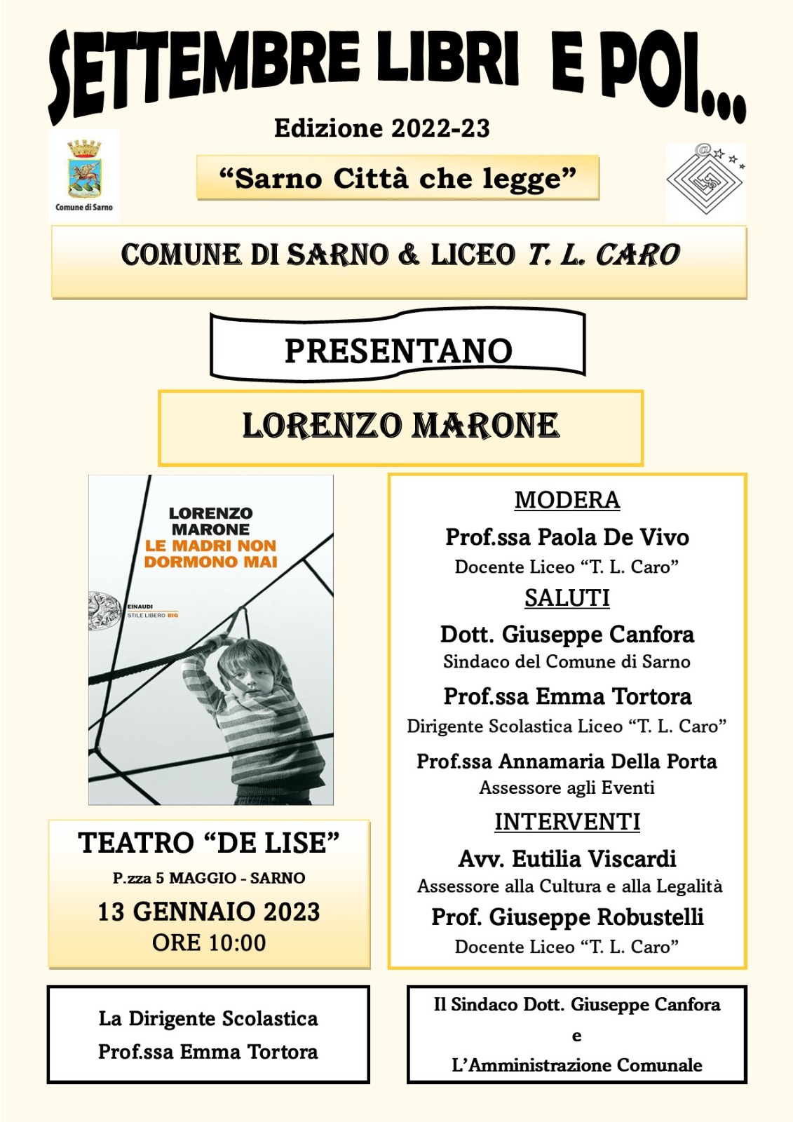 Sarno: Liceo T.L. Caro – Comune, incontro con scrittore Lorenzo Marone “Settembre libri e poi”