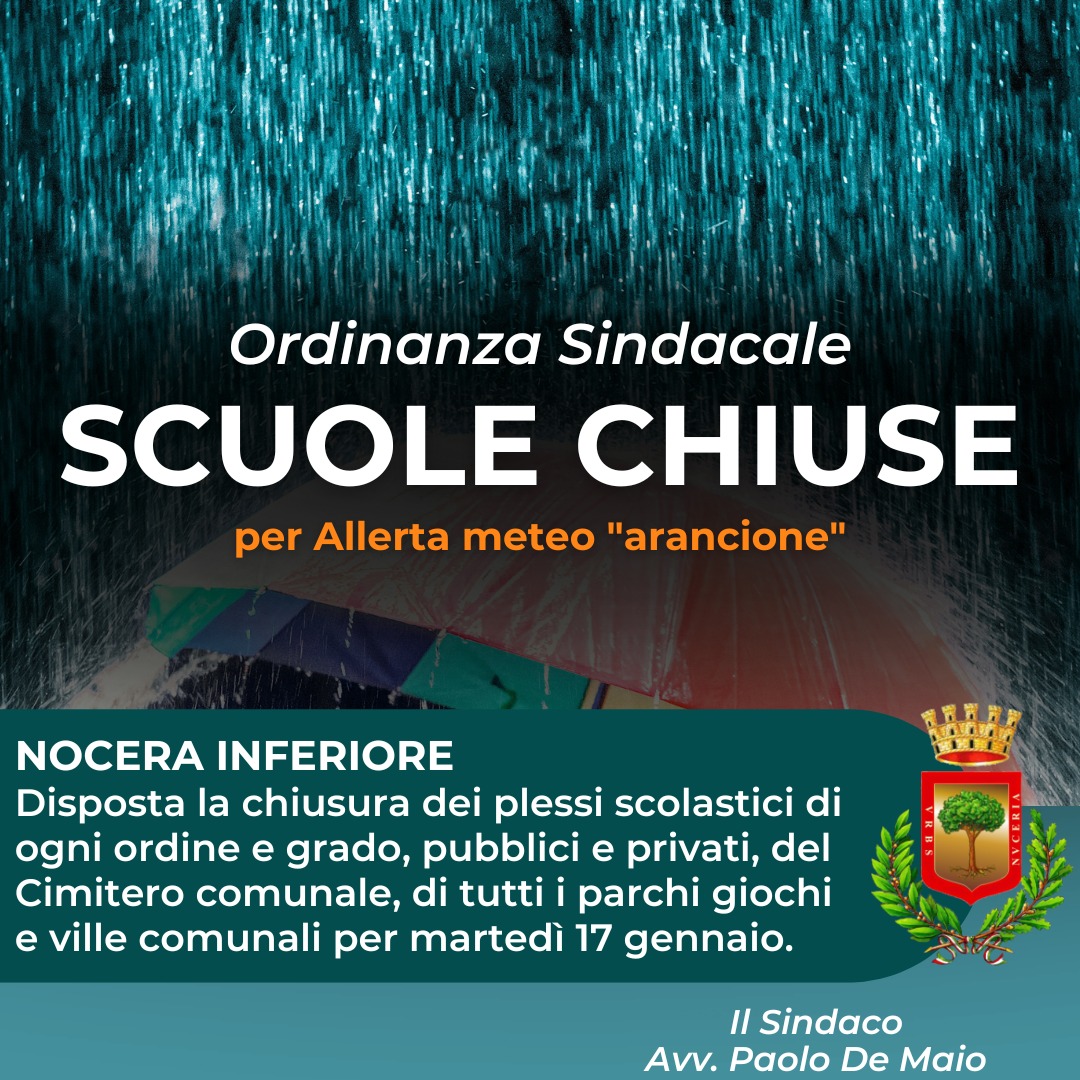 Nocera Inferiore: allerta meteo, chiusura Scuole, Parchi, Cimitero, ordinanza comunale