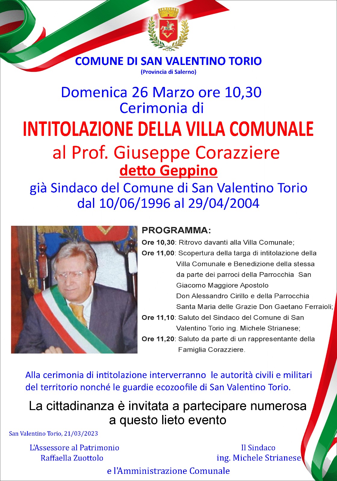 San Valentino Torio: Villa Comunale, intitolazione a compianto Sindaco Geppino Corazziere