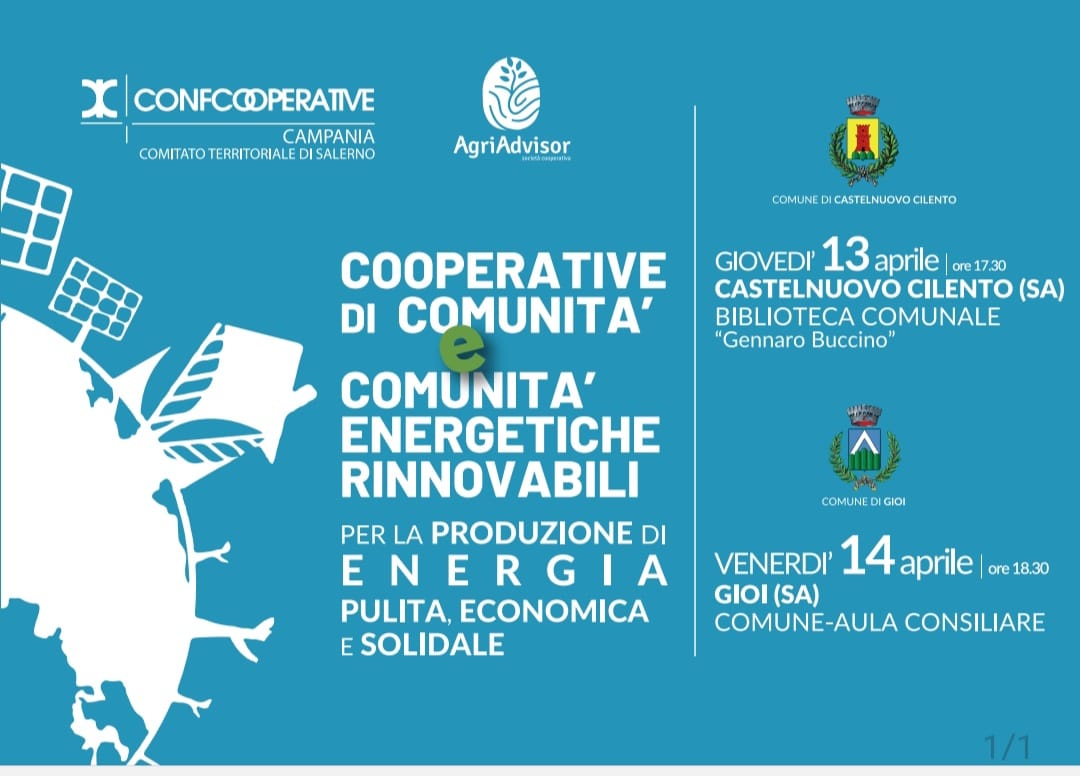 Cilento: Confcooperative, Cooperative Energetiche Rinnovabili e Solidali in Cooperative di Comunità Imprese Sociali