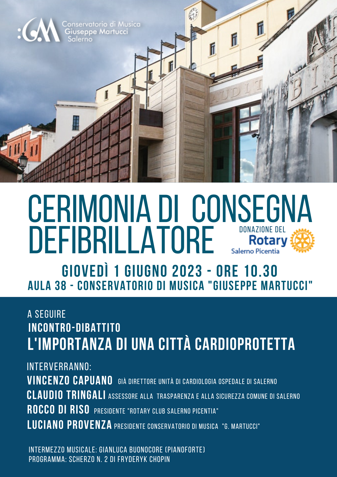 Salerno: “Rotary Club Salerno Picentia”, consegna defibrillatore a Conservatorio “G. Martucci”