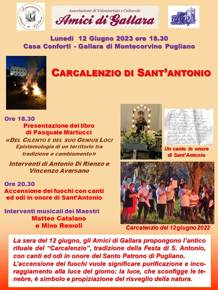 Montecorvino Pugliano: “Carcalenzio di Sant’Antonio”, presentazione volume “Del Cilento e del suo Genius Loci” di Pasquale Martucci