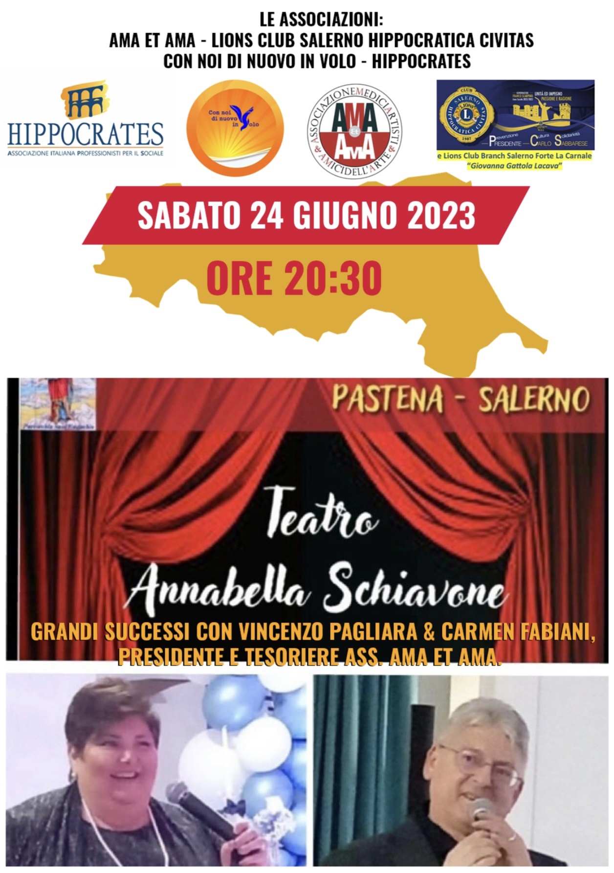 Salerno: cena spettacolo per solidarietà ad Emilia Romagna con Vincenzo Pagliara e Carmen Fabiani