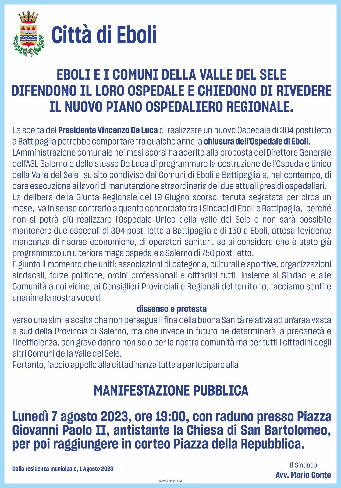 Eboli: Città-Comuni Valle del Sele in difesa dell’ospedale, conferenza stampa