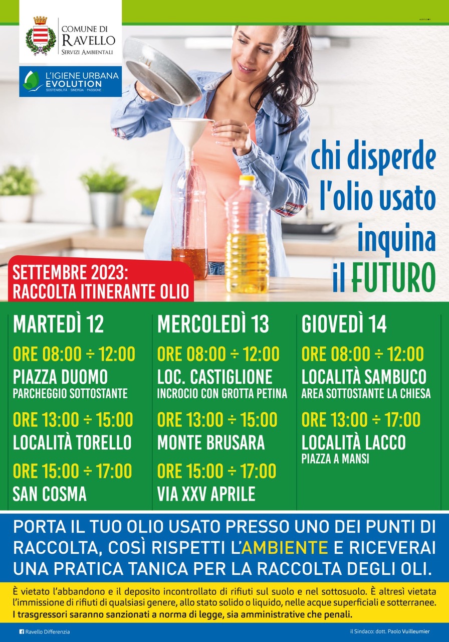 Ravello: al via raccolta itinerante olio usato