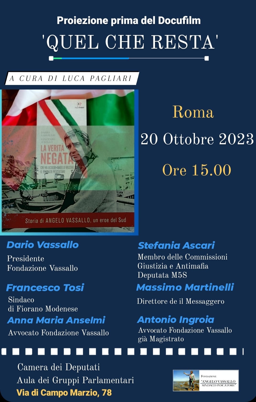 Roma: Fondazione Vassallo, a Camera Deputati proiezione docufilm su Sindaco Pescatore