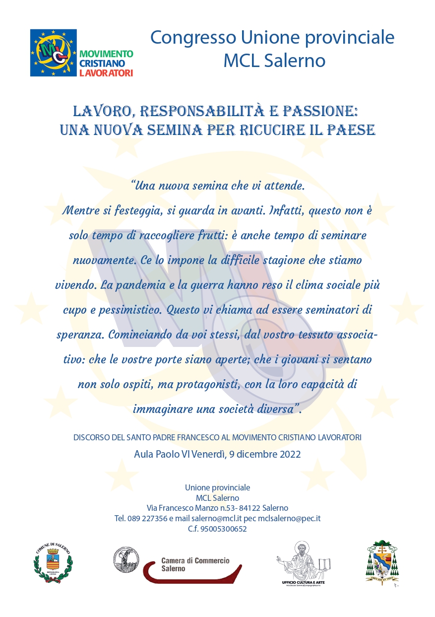 Salerno: Congresso provinciale Mcl “Lavoro, Responsabilità e Passione. Una nuova semina per ricucire il paese” 