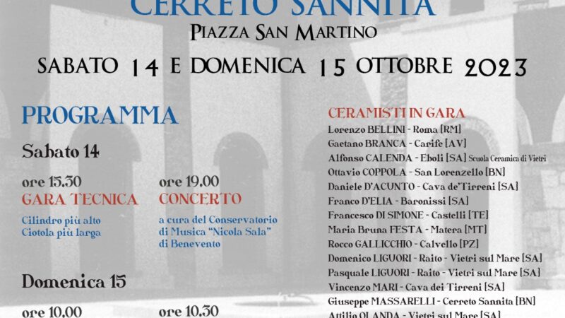 Cerreto Sannita: 4^ ediz. ‘Regional Tornianti… e oltre’, torneo di tecnica e pregevolezza estetica di ceramisti  