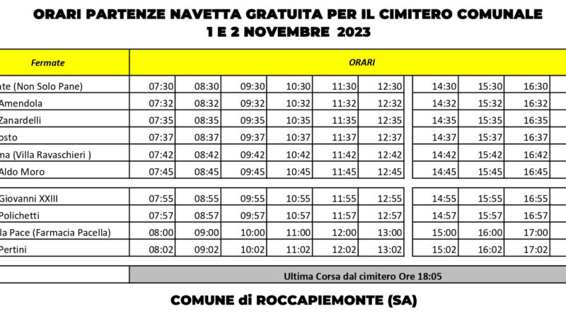 Roccapiemonte: ricorrenza Defunti, navetta gratuita per Cimitero