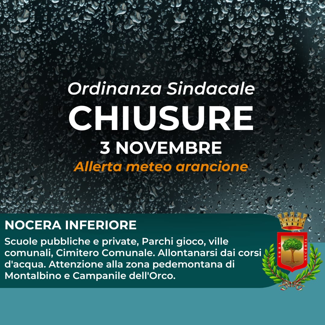 Nocera Inferiore: allerta meteo, Scuole chiuse 3 Novembre 2023