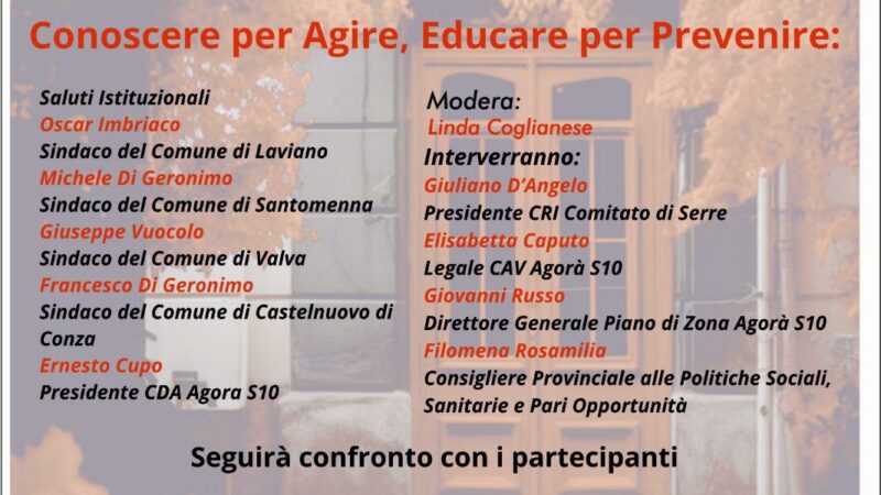 Laviano: convegno “Oltre quella porta”. Il silenzio dentro le mura. Conoscere per Agire. Educare per prevenire!