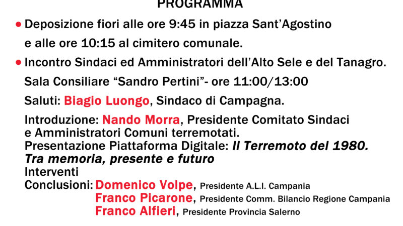 Campagna: 43° anniversario terremoto 1980, incontro “Il terremoto del 1980 – tra Memoria, Presente e Futuro”