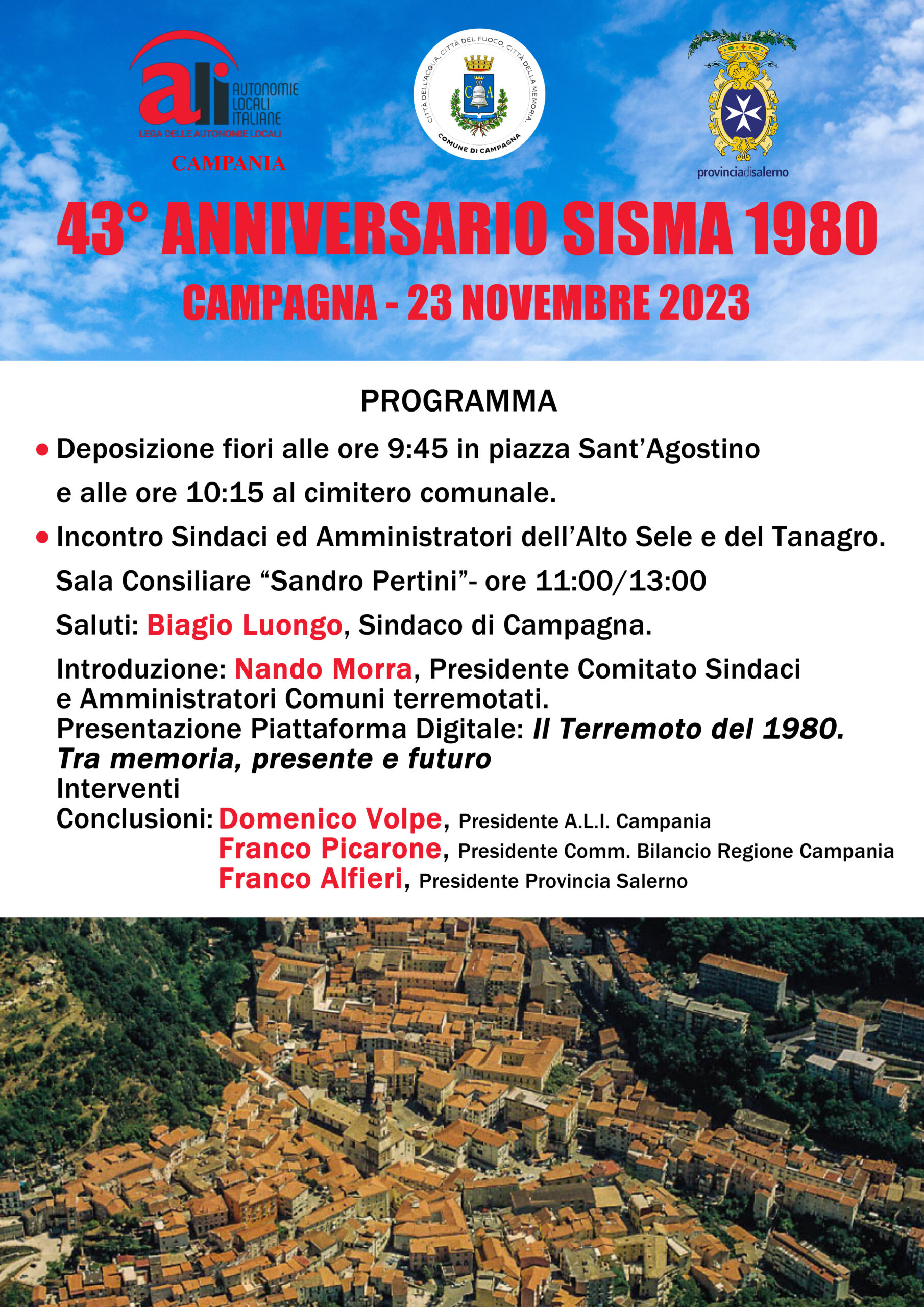 Campagna: 43° anniversario terremoto 1980, incontro “Il terremoto del 1980 – tra Memoria, Presente e Futuro”