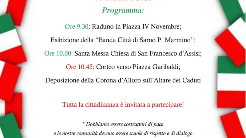 Sarno: 4 Novembre, Festa Unità Nazionale e Forze Armate