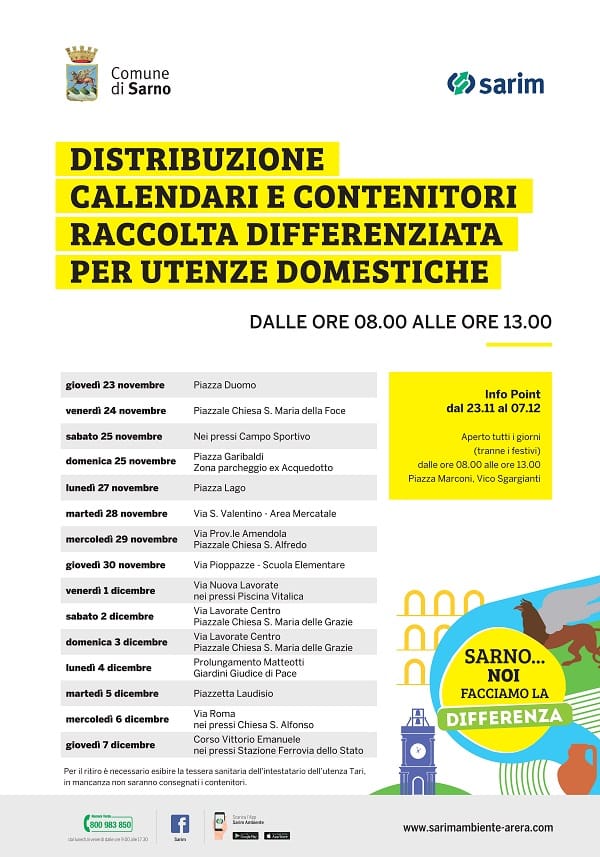 Sarno: in distribuzione nuovo calendario raccolta differenziata