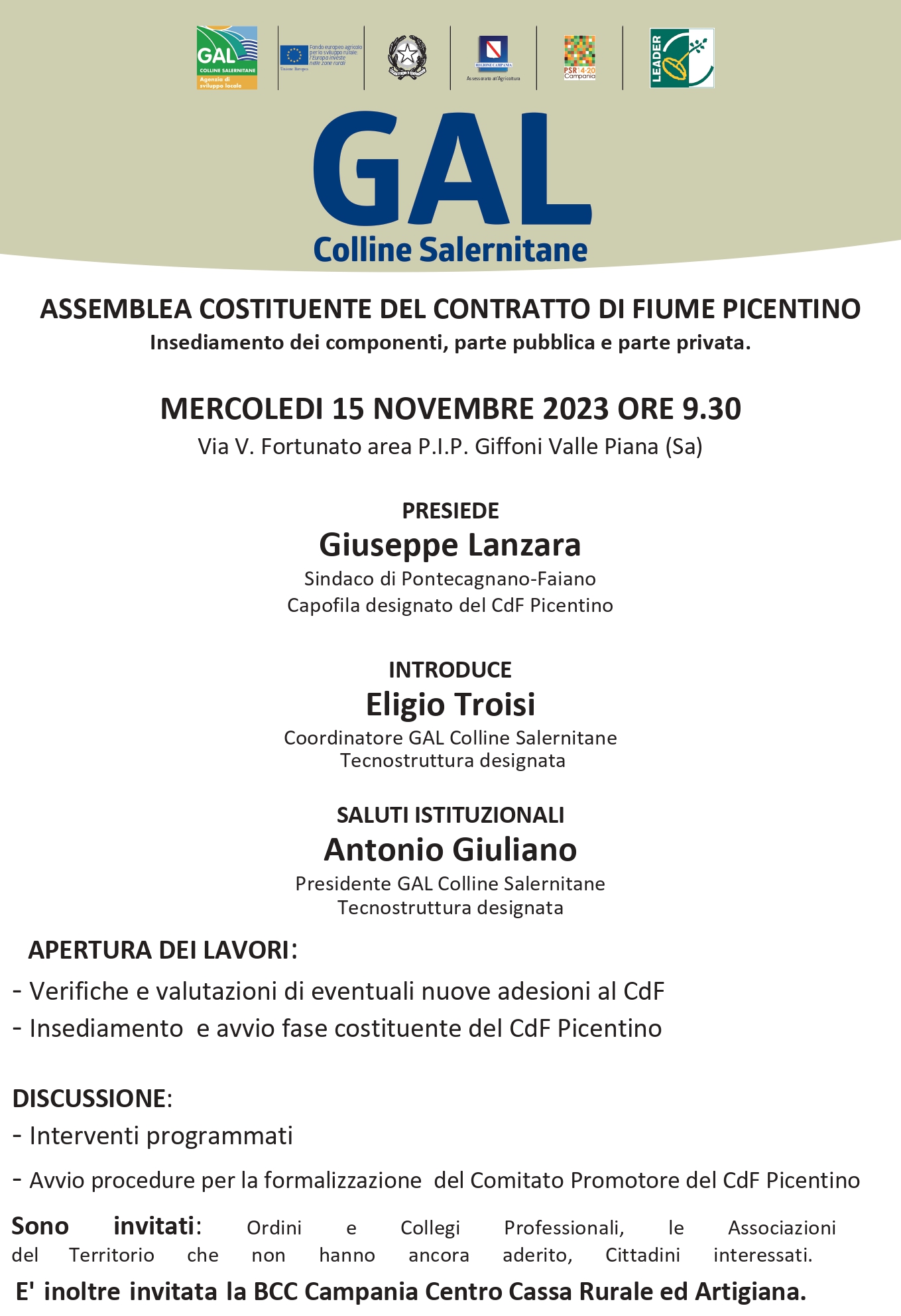 Giffoni Valle Piana: GAL, Contratto Fiume Picentino, insediamento Assemblea Costituente – componente pubblica e privata 