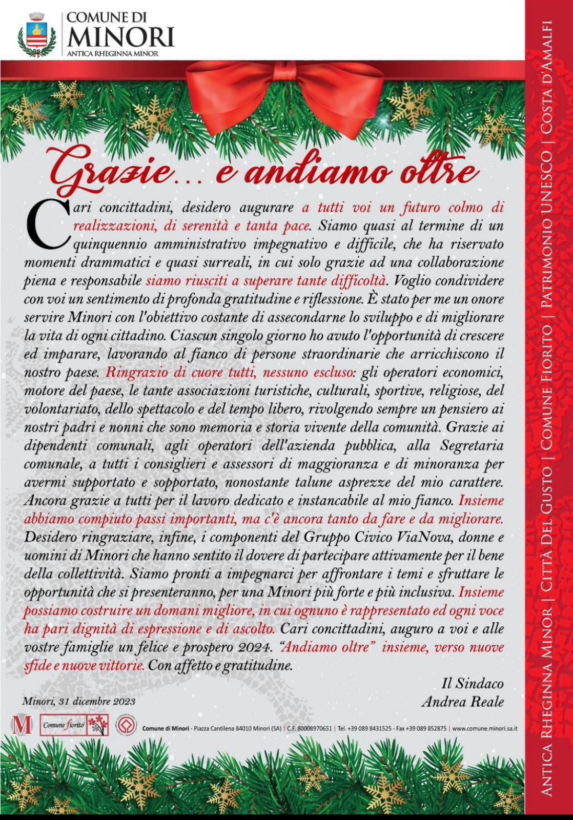 Minori: Sindaco Reale “E andiamo oltre”