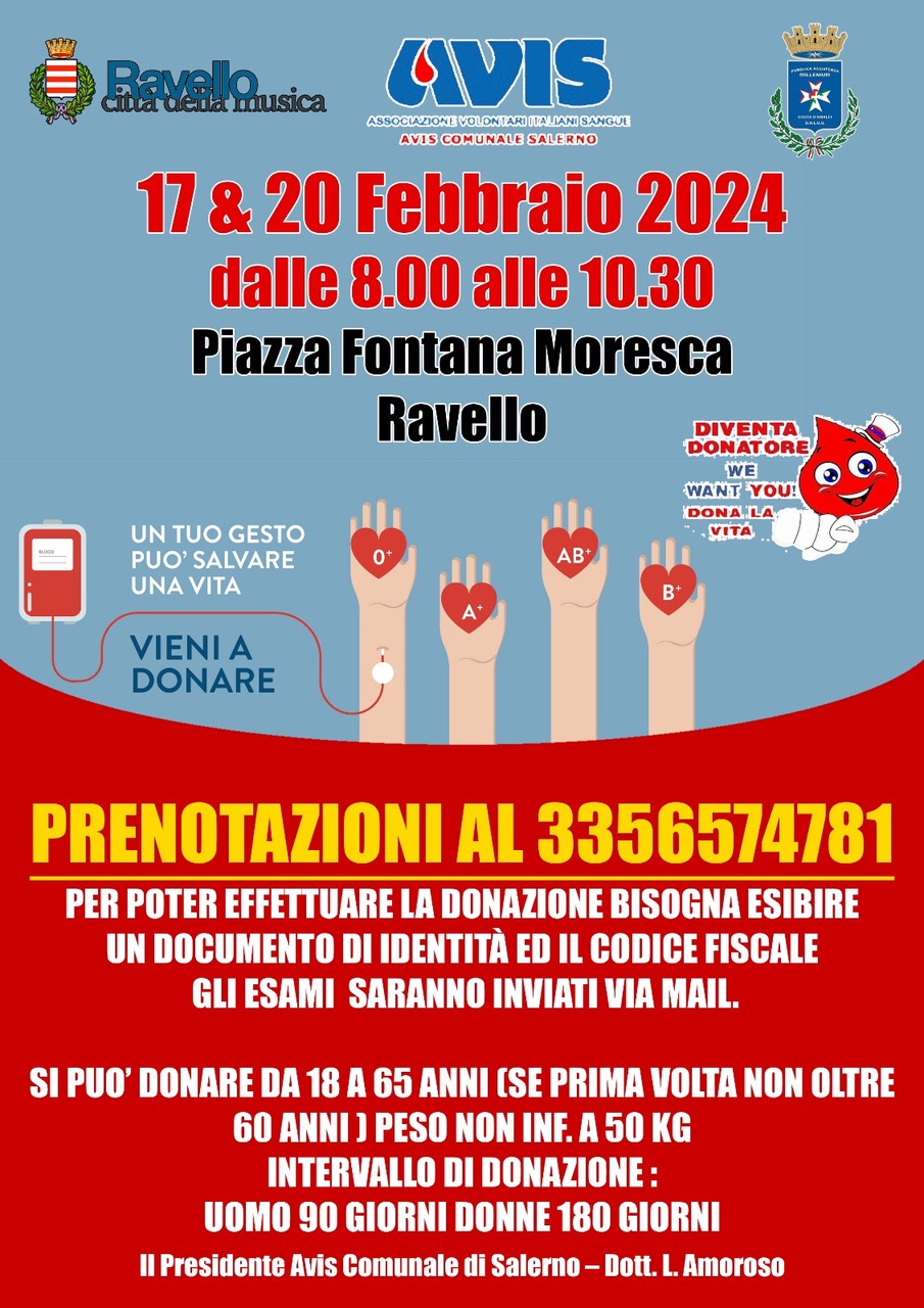 Ravello: 2 giornate per donazione sangue 