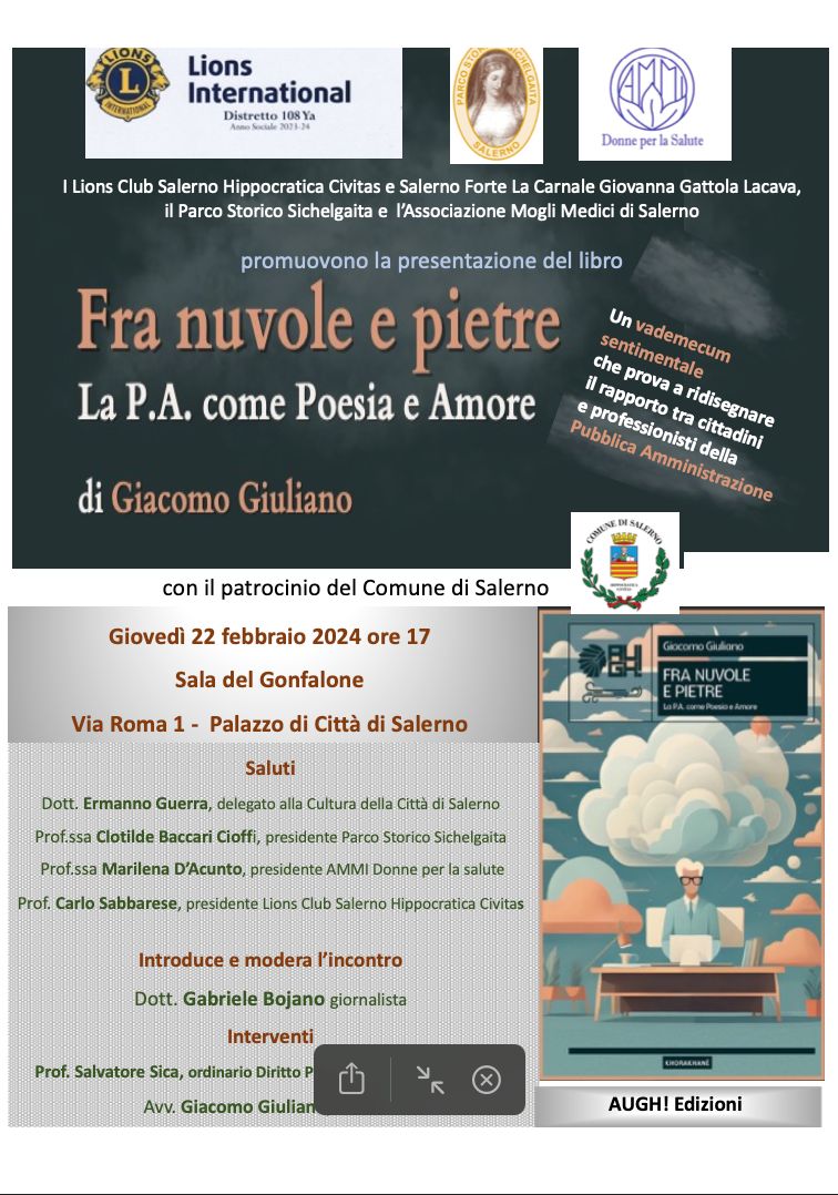 Salerno: a Palazzo di Città presentazione “Fra nuvole e pietre” di Giacomo Giuliano
