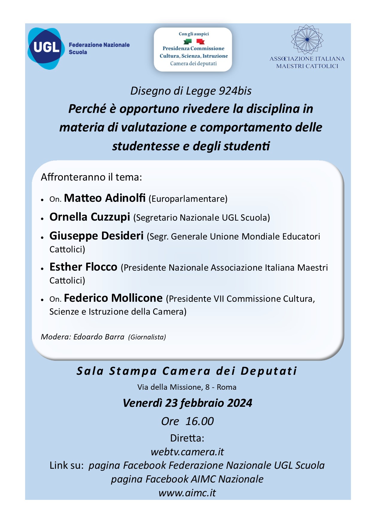 Roma: UGL Scuola, disciplina, conferenza su Disegno di Legge 924bis