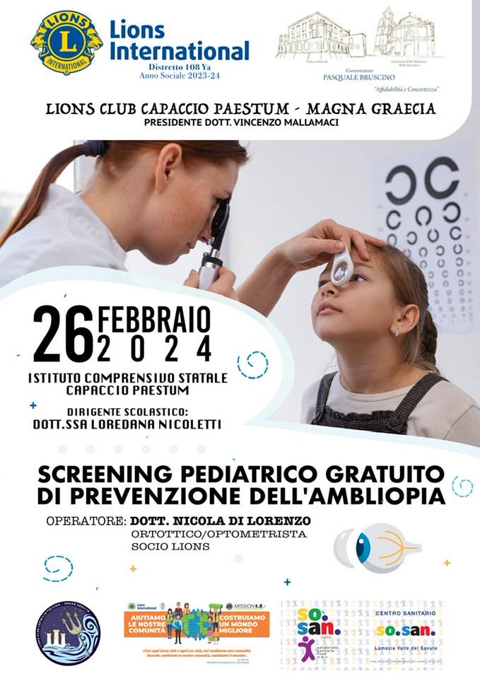 Capaccio Paestum: Lions, screening pediatrico gratuito di prevenzione ambliopia ad alunni dell’IC