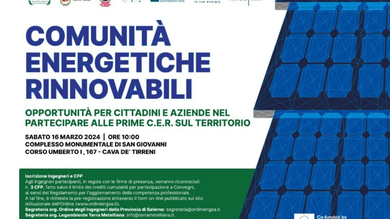 Cava de’ Tirreni: Legambiente, convegno su Comunità Energetiche Rinnovabili.