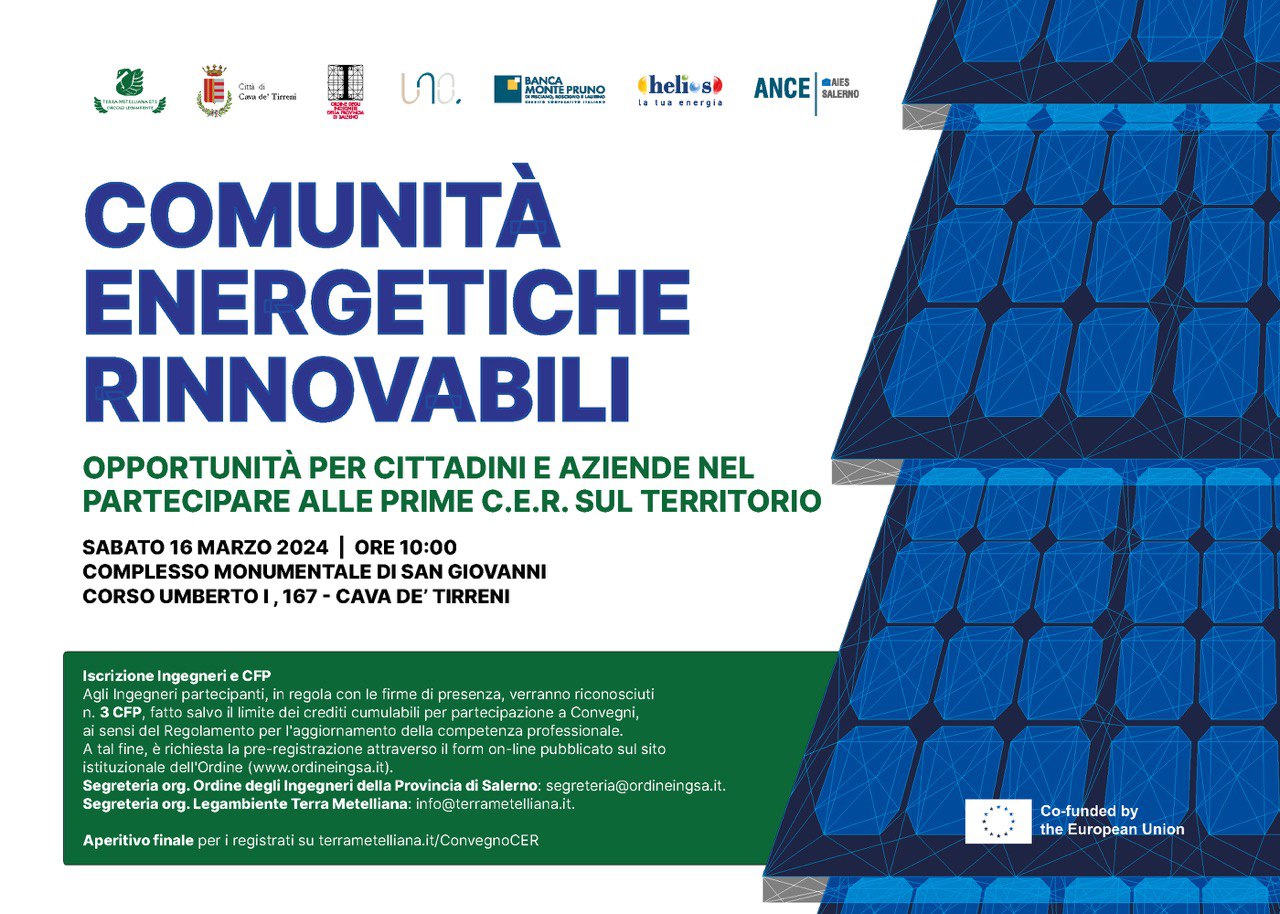 Cava de’ Tirreni: Legambiente, convegno su Comunità Energetiche Rinnovabili.