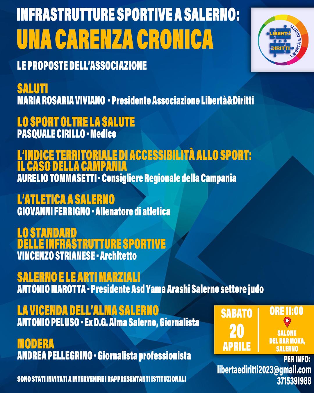 Salerno: infrastrutture sportive, consigliere regionale Tommasetti ad incontro di “Libertà e diritti”