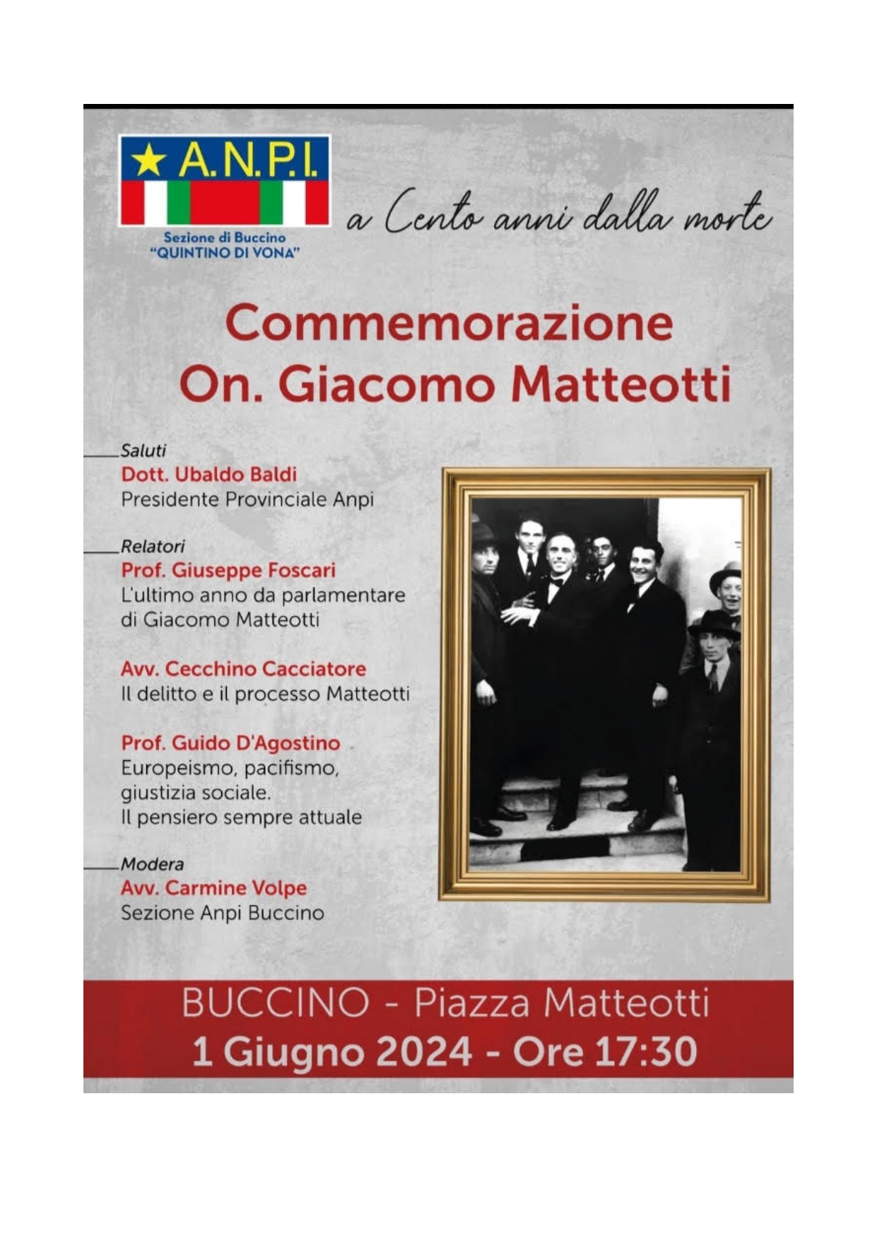 Buccino: Anpi, commemorazione on. Giacomo Matteotti