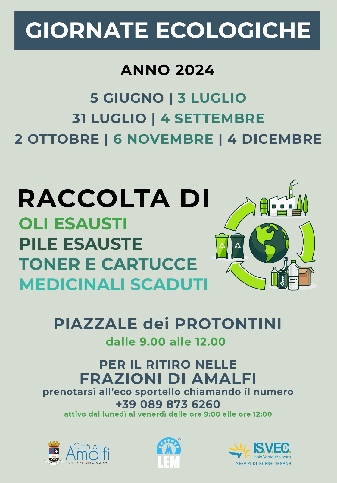 Amalfi: Giornate ecologiche, raccolta oli, pile esauste, toner, cartucce, medicinali scaduti