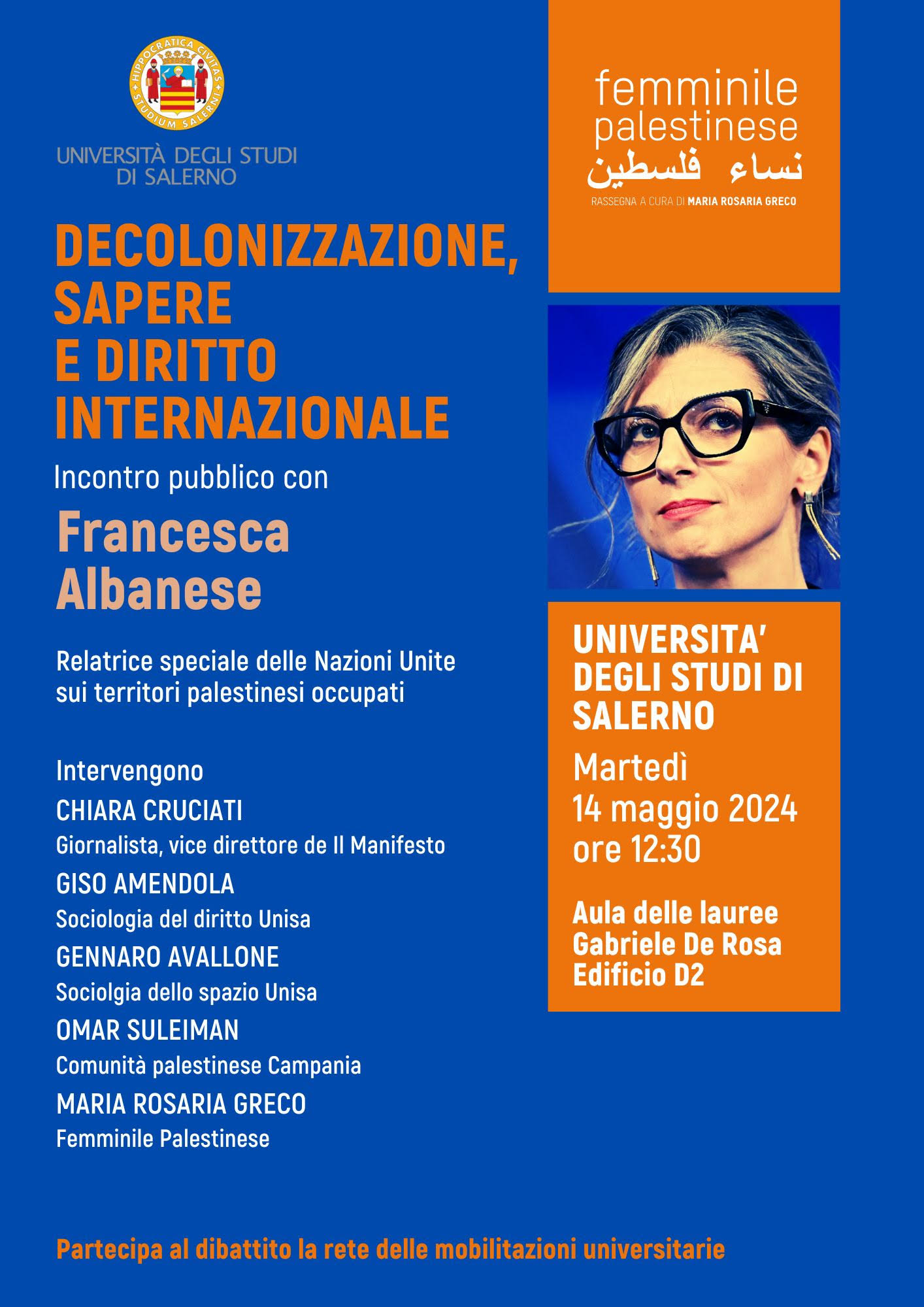 Salerno: relatrice speciale ONU, Francesca Albanese, con Femminile Palestinese a UniSa per Seminario “Decolonizzazione, sapere e diritto internazionale”