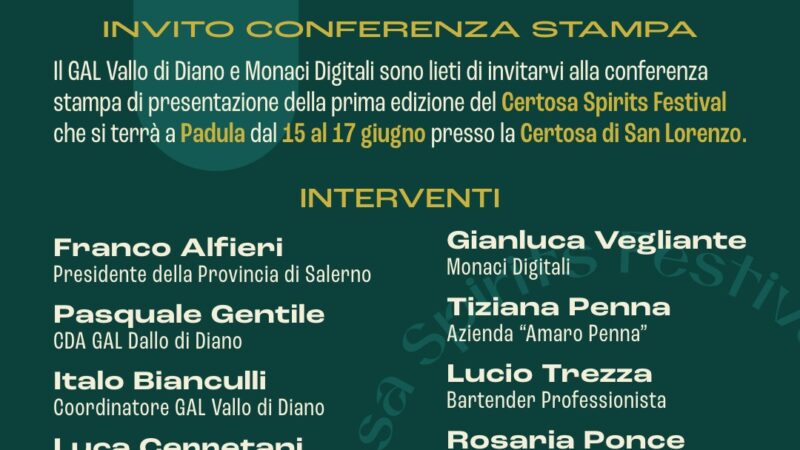 Salerno: I ediz. Certosa Spirits Festival, conferenza stampa