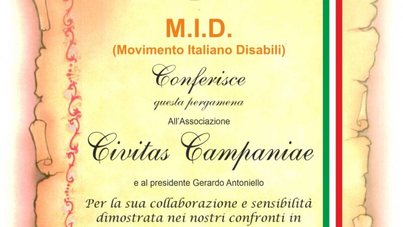 Campania: M.I.D., pergamena di merito ad Associazione Civitas Campaniae