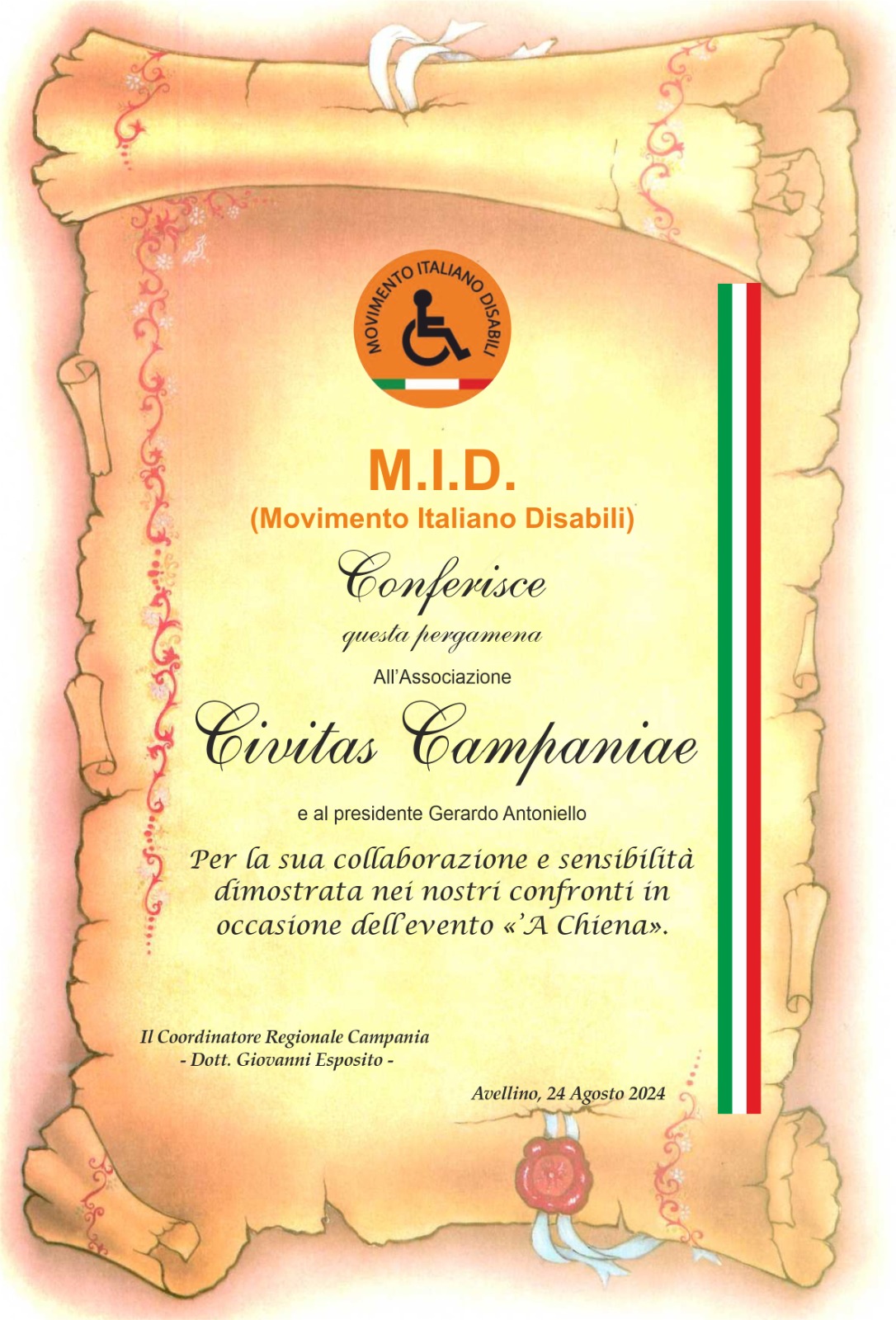 Campania: M.I.D., pergamena di merito ad Associazione Civitas Campaniae