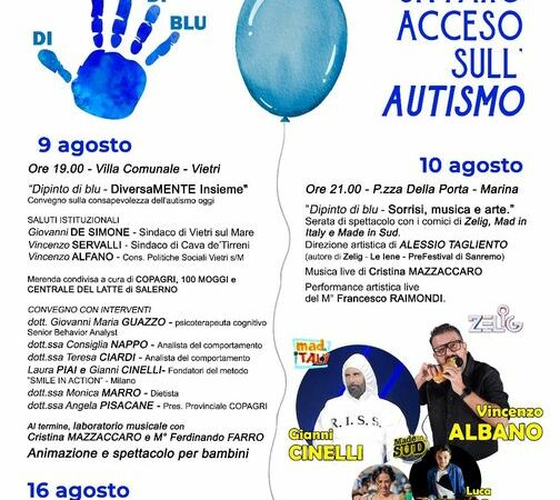 Vietri sul Mare: “Dipinto di blu” 3 giorni di spettacolo, cinema, convegno e merenda condivisa per consapevolezza autismo