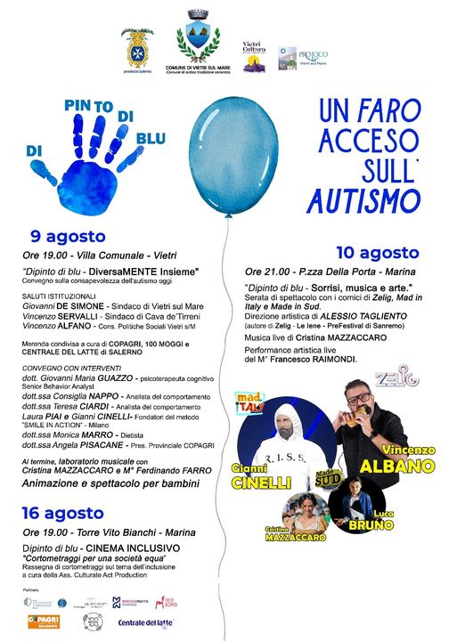 Vietri sul Mare: “Dipinto di blu” 3 giorni di spettacolo, cinema, convegno e merenda condivisa per consapevolezza autismo