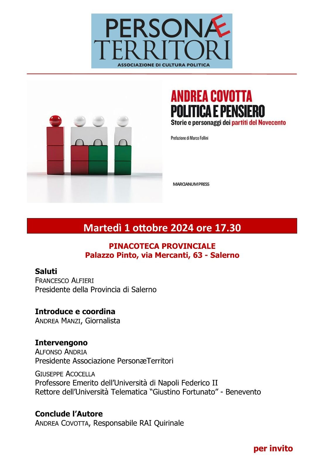 Salerno: “PersonæTerritori”, presentazione libro “Politica e Pensiero” di Andrea Covotta