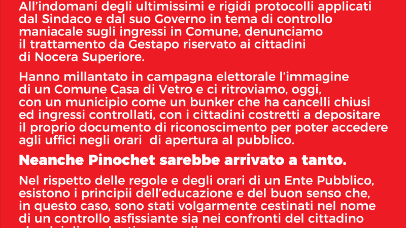 Nocera Superiore: Minoranza comunale “Da Comune Casa di Vetro Palazzo di Pinochet”