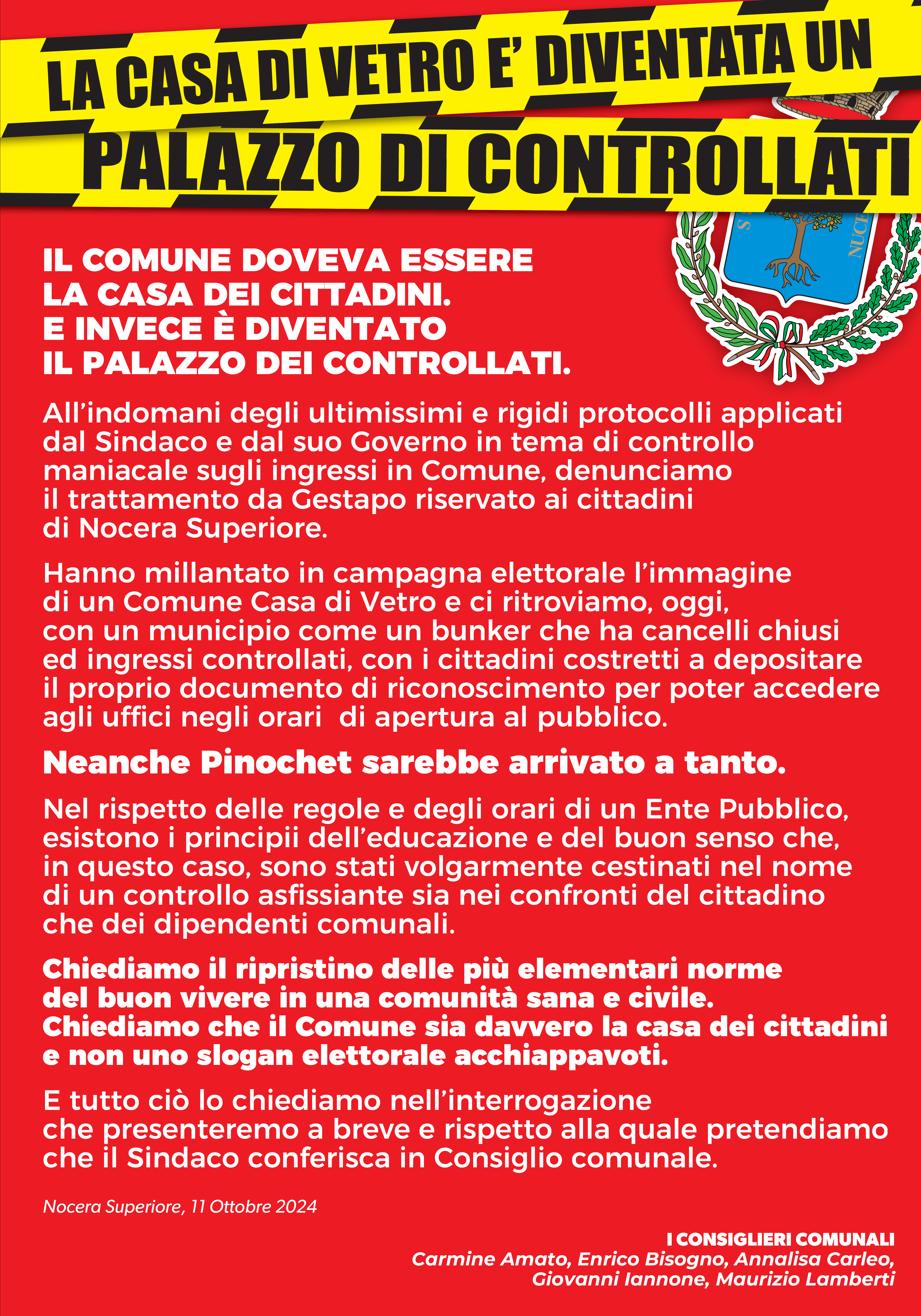 Nocera Superiore: Minoranza comunale “Da Comune Casa di Vetro Palazzo di Pinochet”