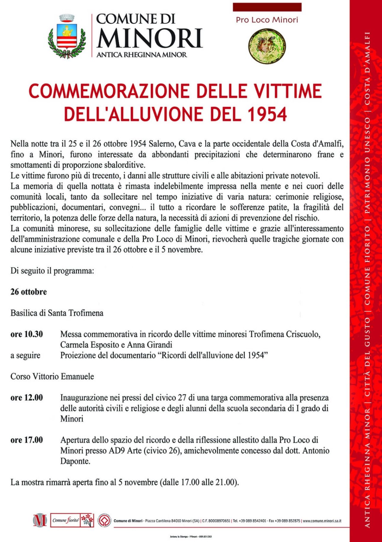 Minori: commemorazione vittime alluvione ’54