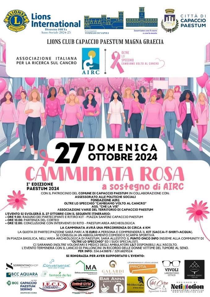 Capaccio Paestum: Lions Club Magna Graecia “Camminata in Rosa” per AIRC, con Comune e Community “Oltre lo Specchio”