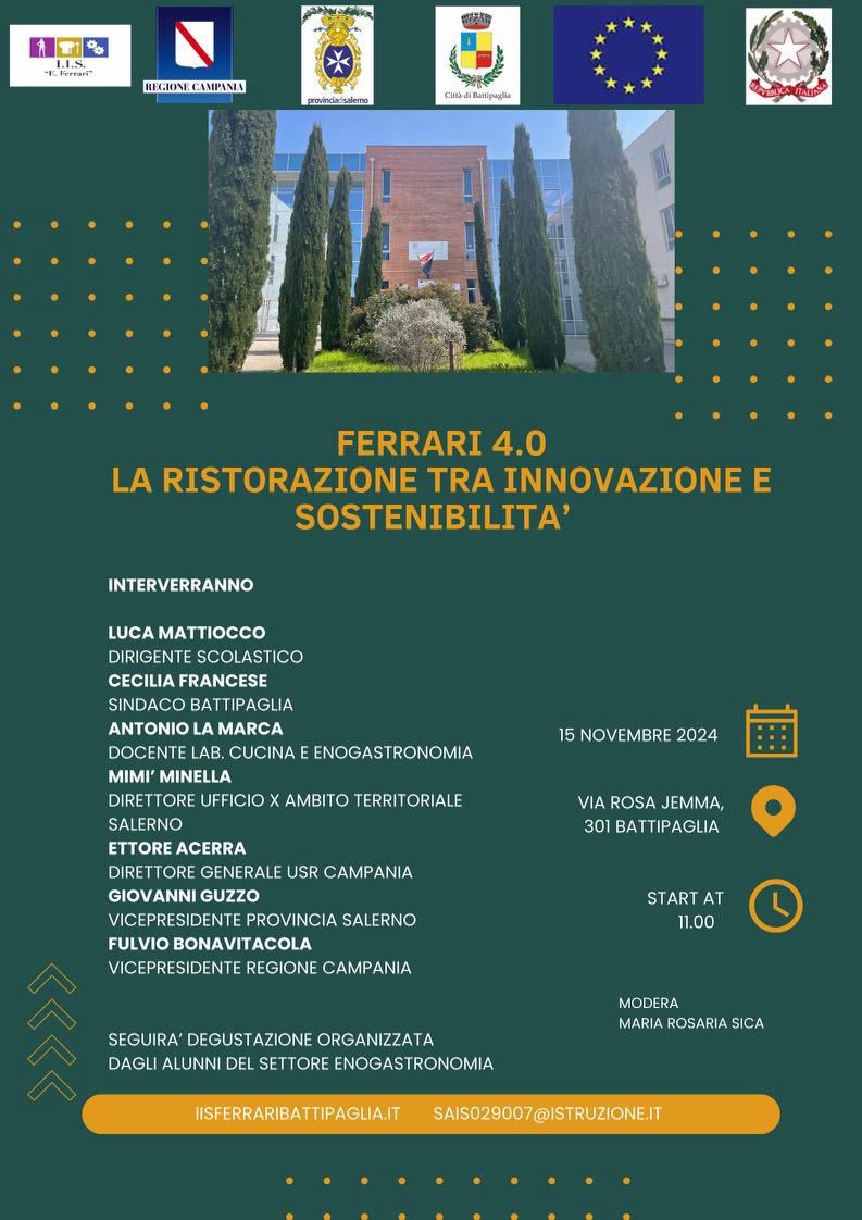 Battipaglia: IIS Ferrari inaugura nuova cucina, convegno “Ferrari 4.0 – La ristorazione tra innovazione e sostenibilità”