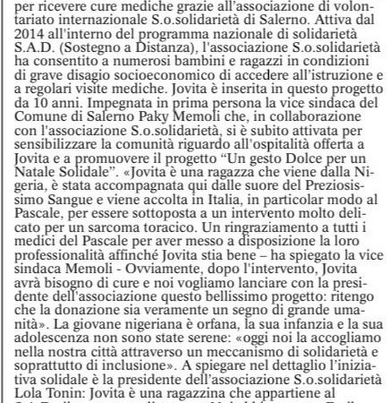 Salerno: SOSolidarietà, Lola Tonin “Fai un regalo che scalda il cuore questo Natale!” 