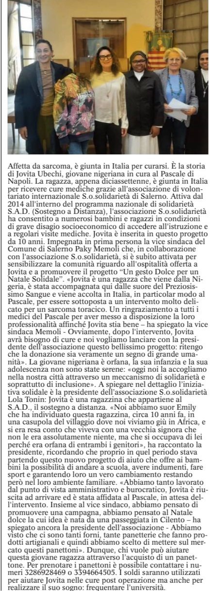 Salerno: SOSolidarietà, Lola Tonin “Fai un regalo che scalda il cuore questo Natale!” 